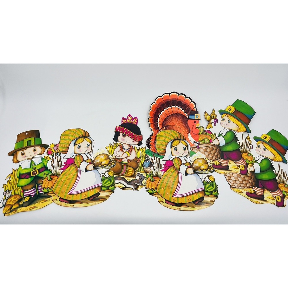 Vintage Lot 7 Beistle Thanksgiving Die Cut Decorations Turkey Pilgrims